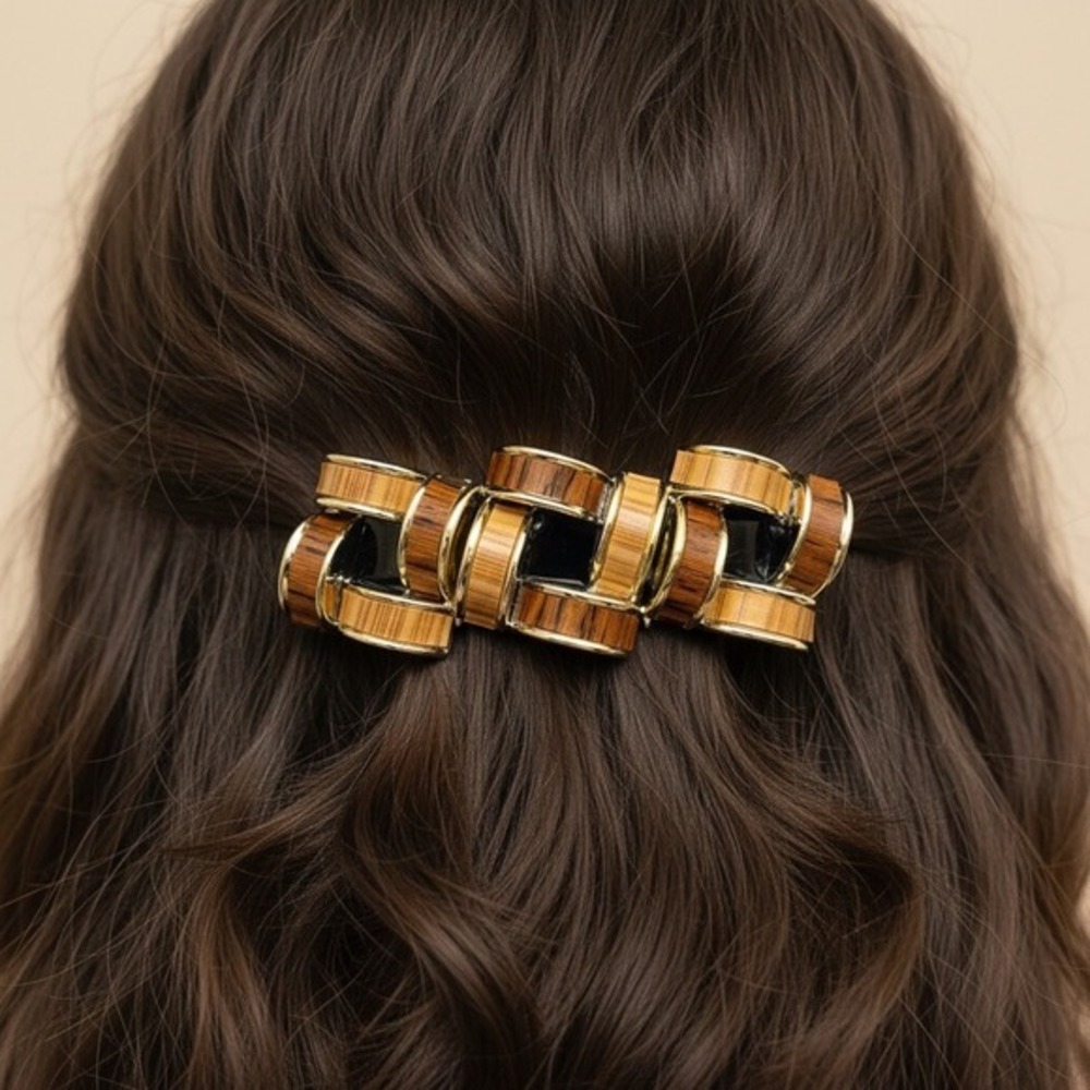 Vintage Art Deco Faux Wood Gold Tone Metal Links Hair Clip Barrette Boho Cottage